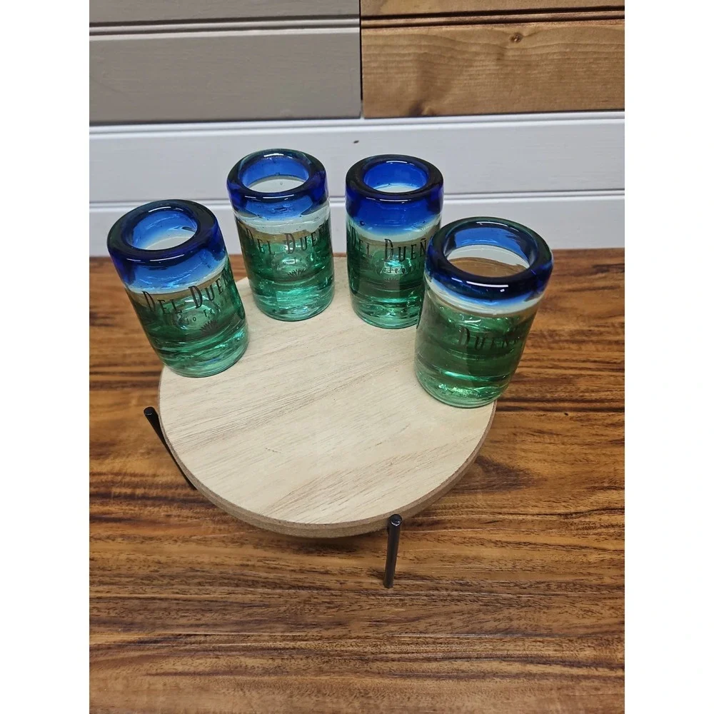 Lot of 4 Del Dueno Anejo Tequila Shooter Hand Blown Blue‎ Green Rim Shot Glasses